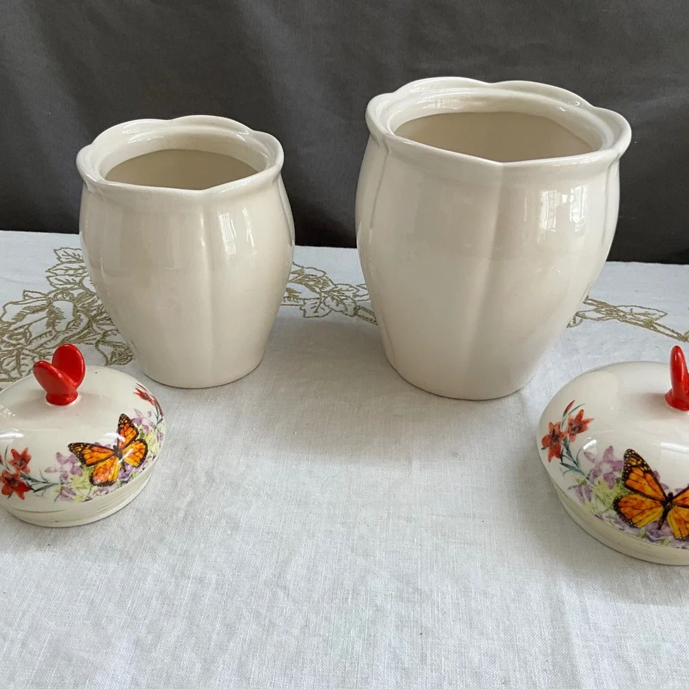 Ceramic Butterfly Floral Canister Set 2pc Cream Monarch Finial Jars Cottagecore